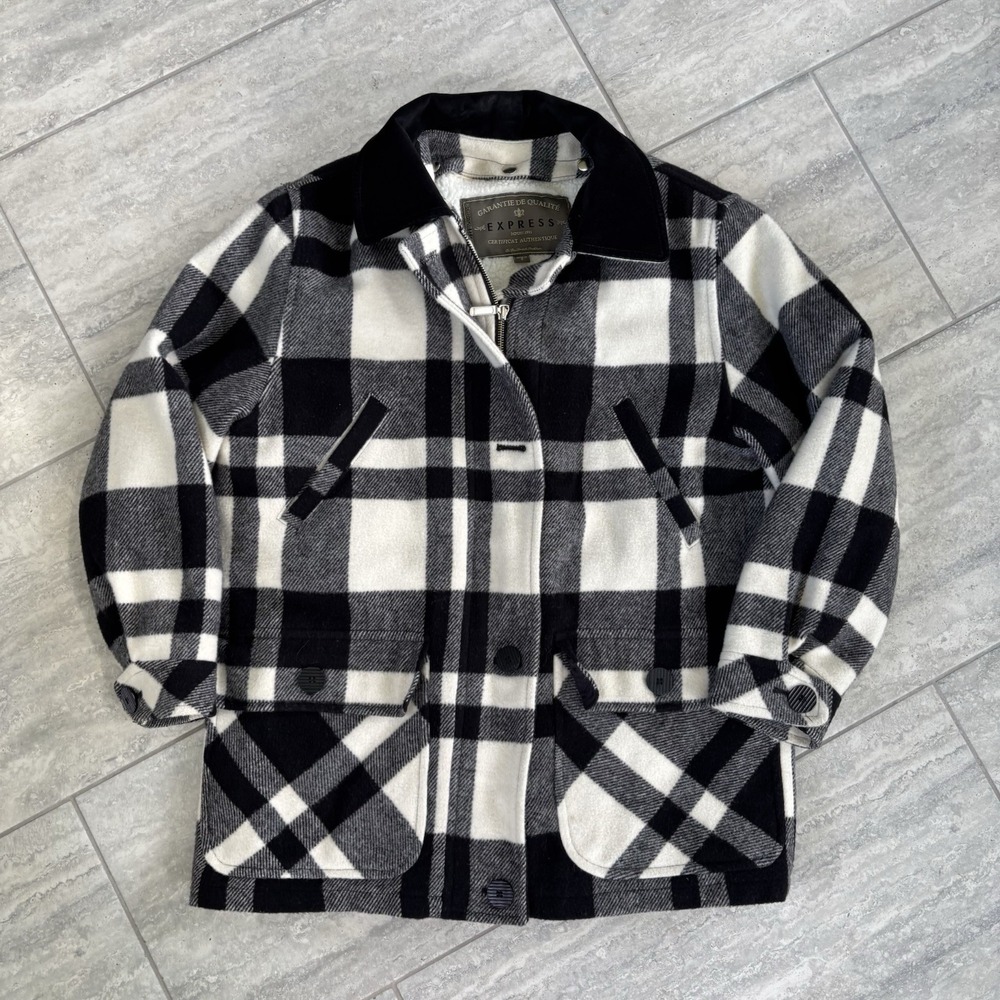 Vtg Express Plaid Jacket Women's Small Suede Collar Wool Blend Field Jacket